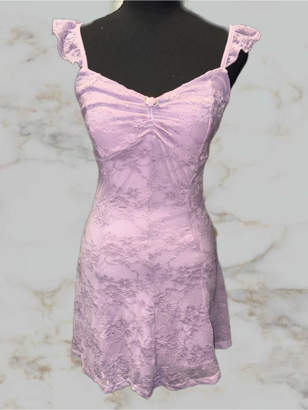 Lilac Lace Mini Dress with Flutter Straps